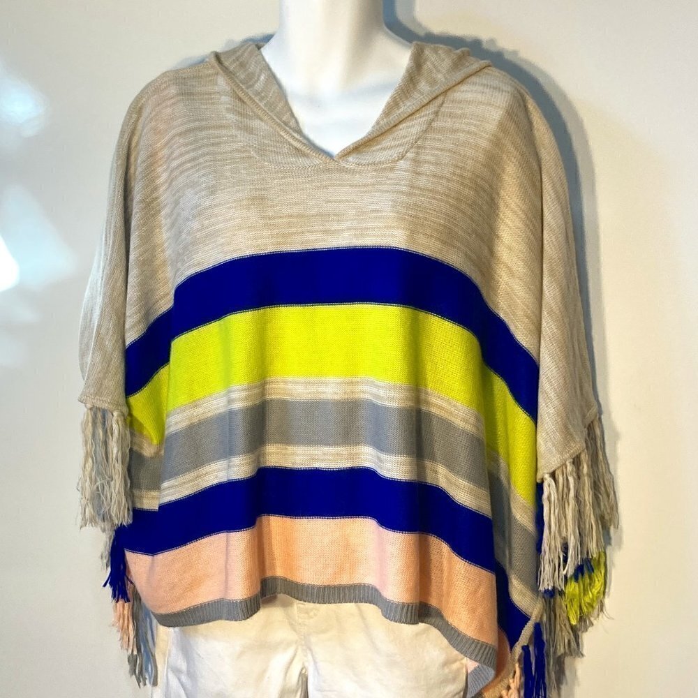 GB Gianni Bini SZ L Poncho Sweater Fringe Stripe Boho Preppy Resort Coverup 80's